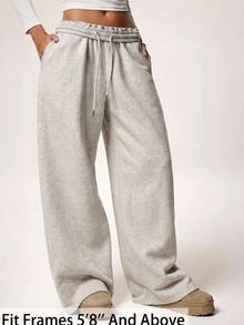 SHEIN PETITE CURVE Celana Panjang Wanita Ukuran Besar Warna Polos dengan Tali Serut, Kasual, Longgar, Tradisional, Serbaguna untuk Pemakaian Sehari-hari, Formal, Liburan, Santai, Abu-abu, Musim Dingin - Light Grey - View 8