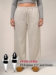 SHEIN PETITE CURVE Celana Panjang Wanita Ukuran Besar Warna Polos dengan Tali Serut, Kasual, Longgar, Tradisional, Serbaguna untuk Pemakaian Sehari-hari, Formal, Liburan, Santai, Abu-abu, Musim Dingin - Light Grey - View 1