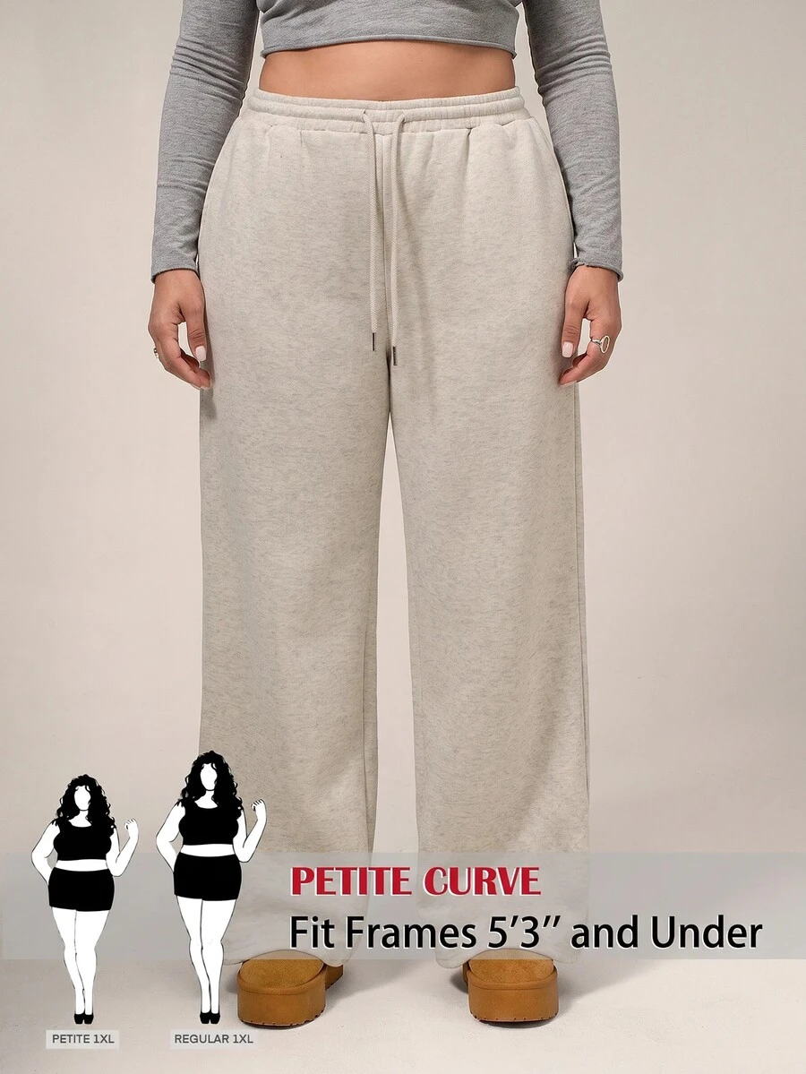 SHEIN PETITE CURVE Celana Panjang Wanita Ukuran Besar Warna Polos dengan Tali Serut, Kasual, Longgar, Tradisional, Serbaguna untuk Pemakaian Sehari-hari, Formal, Liburan, Santai, Abu-abu, Musim Dingin - Light Grey - View 1