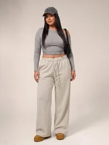 SHEIN PETITE CURVE Celana Panjang Wanita Ukuran Besar Warna Polos dengan Tali Serut, Kasual, Longgar, Tradisional, Serbaguna untuk Pemakaian Sehari-hari, Formal, Liburan, Santai, Abu-abu, Musim Dingin - Light Grey - View 5