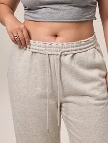SHEIN PETITE CURVE Celana Panjang Wanita Ukuran Besar Warna Polos dengan Tali Serut, Kasual, Longgar, Tradisional, Serbaguna untuk Pemakaian Sehari-hari, Formal, Liburan, Santai, Abu-abu, Musim Dingin - Light Grey - View 6