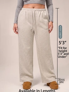SHEIN PETITE CURVE Celana Panjang Wanita Ukuran Besar Warna Polos dengan Tali Serut, Kasual, Longgar, Tradisional, Serbaguna untuk Pemakaian Sehari-hari, Formal, Liburan, Santai, Abu-abu, Musim Dingin - Light Grey - View 2