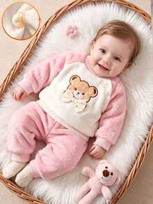 SHEIN 2pcs Newborn Baby Girls Sweatshirt Pullover Pants Set Cute Sweet Pink White Bear Embroidered Bow Long Sleeve Thick Outdoor Winter Fall Style Fuzzy - Pink - View 2