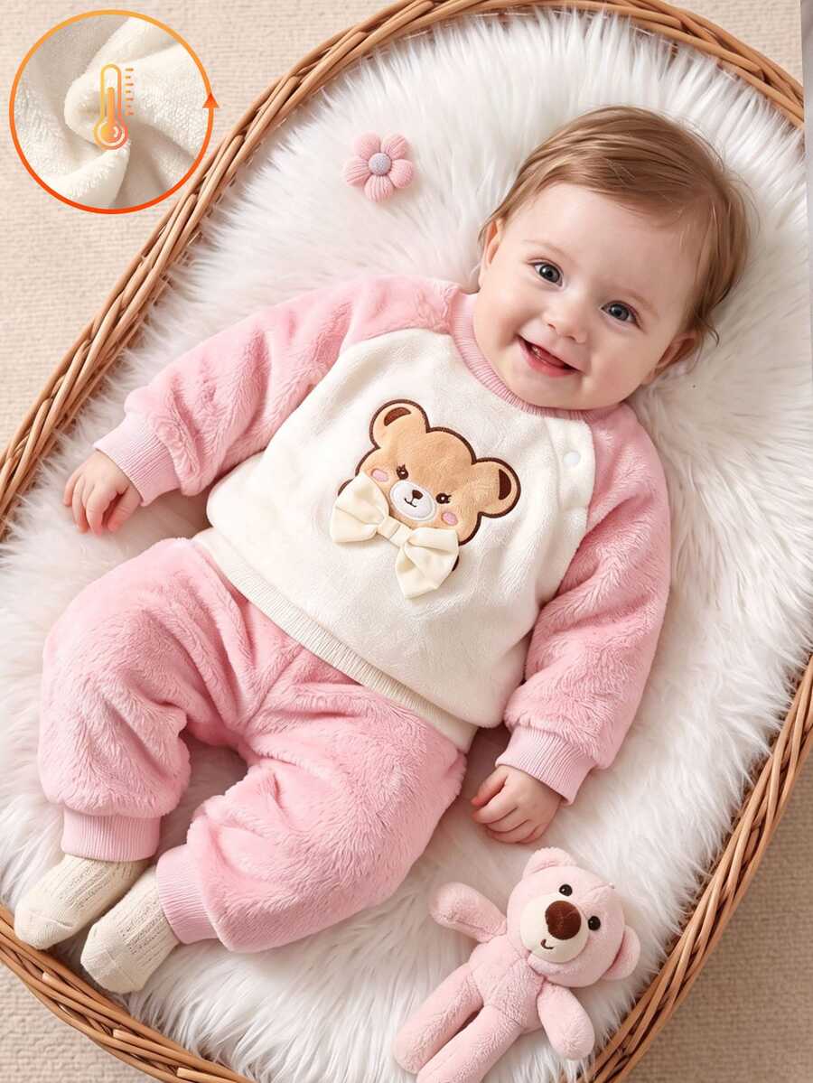 SHEIN 2pcs Newborn Baby Girls Sweatshirt Pullover Pants Set Cute Sweet Pink White Bear Embroidered Bow Long Sleeve Thick Outdoor Winter Fall Style Fuzzy