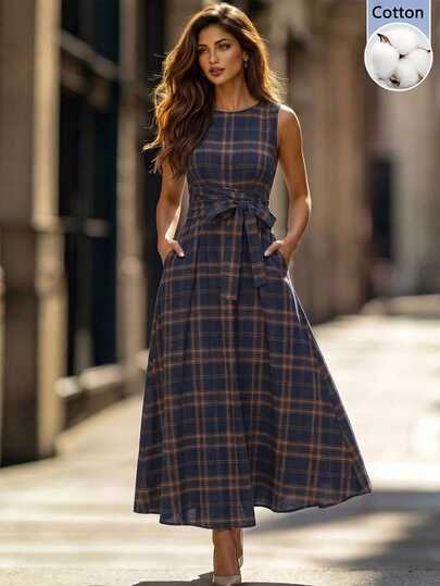 Editum Women's Plaid Round Neck Waist Tie Pocket Sleeveless Elegant Midi Dress Casual Vintage 2000s Plaid Front Button Dress, Autumn Work Brown Plaid