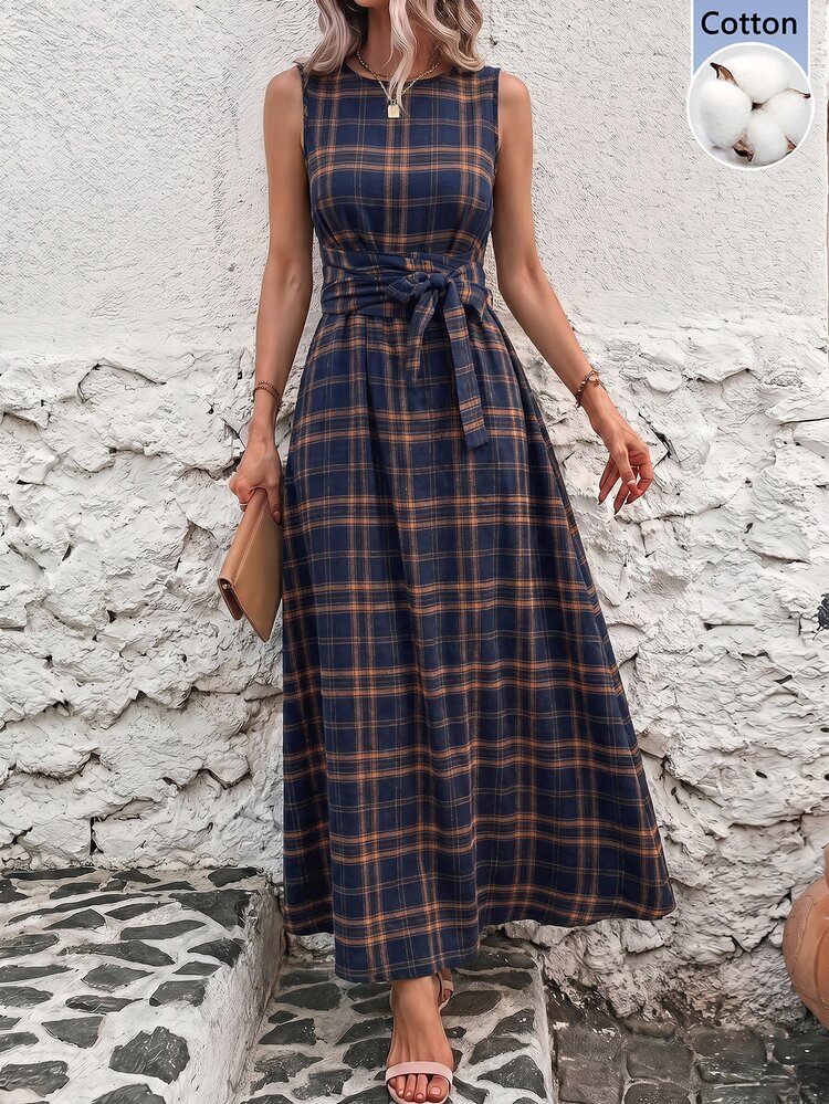 Editum Women's Plaid Round Neck Waist Tie Pocket Sleeveless Elegant Midi Dress Casual Vintage 2000s Plaid Front Button Dress, Autumn Work Brown Plaid - Multicolor - View 9