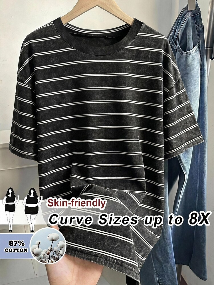 SHEIN CURVE+ Women's Plus Size Round Neck Short Sleeve Loose T-Shirt With Washed White And Embroidery Office Summer Casual Formal - Black and White - View 1
