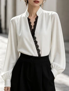 SHEIN Franclia Lace Contrast Patchwork Long Sleeve Blouse, Daily ...