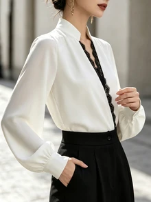 SHEIN Franclia Lace Contrast Patchwork Long Sleeve Blouse, Daily ...