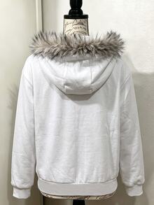 SHEIN 女童街頭風翅膀印花拉鍊連帽衛衣，休閒毛邊連帽外套，兒童復古深色印花長袖口袋衛衣外套，春秋冬季休閒街頭風外套 - 白色 - 查看 2