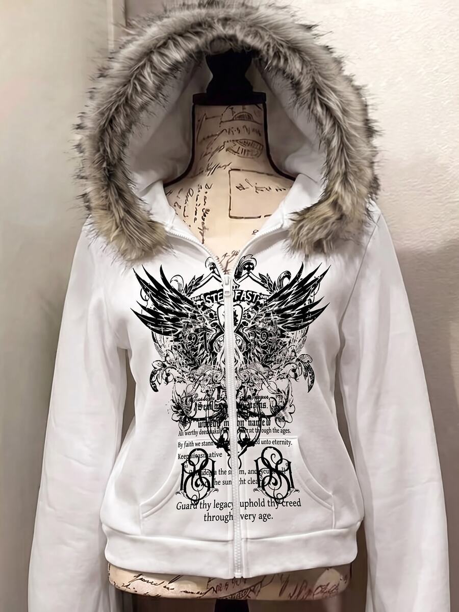 SHEIN 女童街頭風翅膀印花拉鍊連帽衛衣,休閒毛邊連帽外套,兒童復古深色印花長袖口袋衛衣外套,春秋冬季休閒街頭風外套 - 白色 - 查看 1
