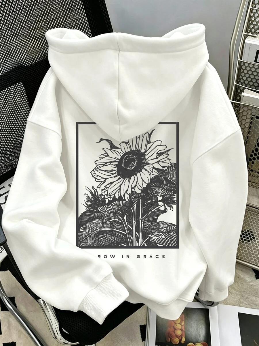 Resyla Women's Sunflower Print Long Sleeve Casual Hooded Sweatshirt - White - View 1
