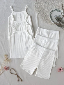 SHEIN Young Girl Simple Comfortable Soft Textured Fabric Bow Solid Color Casual Top + Leggings 3pcs -Piece Set, Suitable For Spring/Summer Young GirlS, All Season - White - View 7
