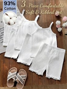 SHEIN Young Girl Simple Comfortable Soft Textured Fabric Bow Solid Color Casual Top + Leggings 3pcs -Piece Set, Suitable For Spring/Summer Young GirlS, All Season - White - View 1