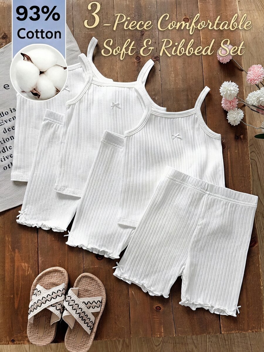 SHEIN Young Girl Simple Comfortable Soft Textured Fabric Bow Solid Color Casual Top + Leggings 3pcs -Piece Set, Suitable For Spring/Summer Young GirlS, All Season - White - View 1