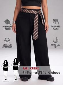 SHEIN Tall CURVE Celana Panjang Wanita Ukuran Plus Motif Blok Warna Kasual Elegan untuk Pemakaian Sehari-hari, Kantor, Formal, Warna Hitam, Musim Gugur - Hitam - View 2