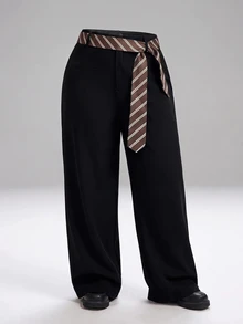 SHEIN Tall CURVE Celana Panjang Wanita Ukuran Plus Motif Blok Warna Kasual Elegan untuk Pemakaian Sehari-hari, Kantor, Formal, Warna Hitam, Musim Gugur - Hitam - View 6
