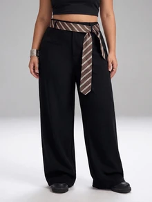 SHEIN Tall CURVE Celana Panjang Wanita Ukuran Plus Motif Blok Warna Kasual Elegan untuk Pemakaian Sehari-hari, Kantor, Formal, Warna Hitam, Musim Gugur - Hitam - View 3