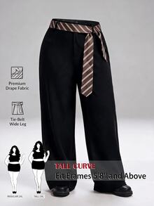 SHEIN Tall CURVE Celana Panjang Wanita Ukuran Plus Motif Blok Warna Kasual Elegan untuk Pemakaian Sehari-hari, Kantor, Formal, Warna Hitam, Musim Gugur - Hitam - View 9