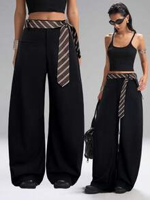 SHEIN Tall CURVE Celana Panjang Wanita Ukuran Plus Motif Blok Warna Kasual Elegan untuk Pemakaian Sehari-hari, Kantor, Formal, Warna Hitam, Musim Gugur - Hitam - View 10