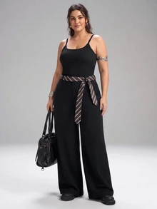 SHEIN Tall CURVE Celana Panjang Wanita Ukuran Plus Motif Blok Warna Kasual Elegan untuk Pemakaian Sehari-hari, Kantor, Formal, Warna Hitam, Musim Gugur - Hitam - View 4