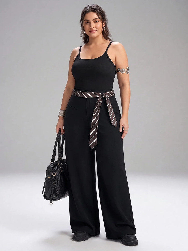 SHEIN Tall CURVE 大尺碼女款拼色休閒優雅日常穿著長褲 辦公正式黑色秋季 - 黑色 - 查看 4