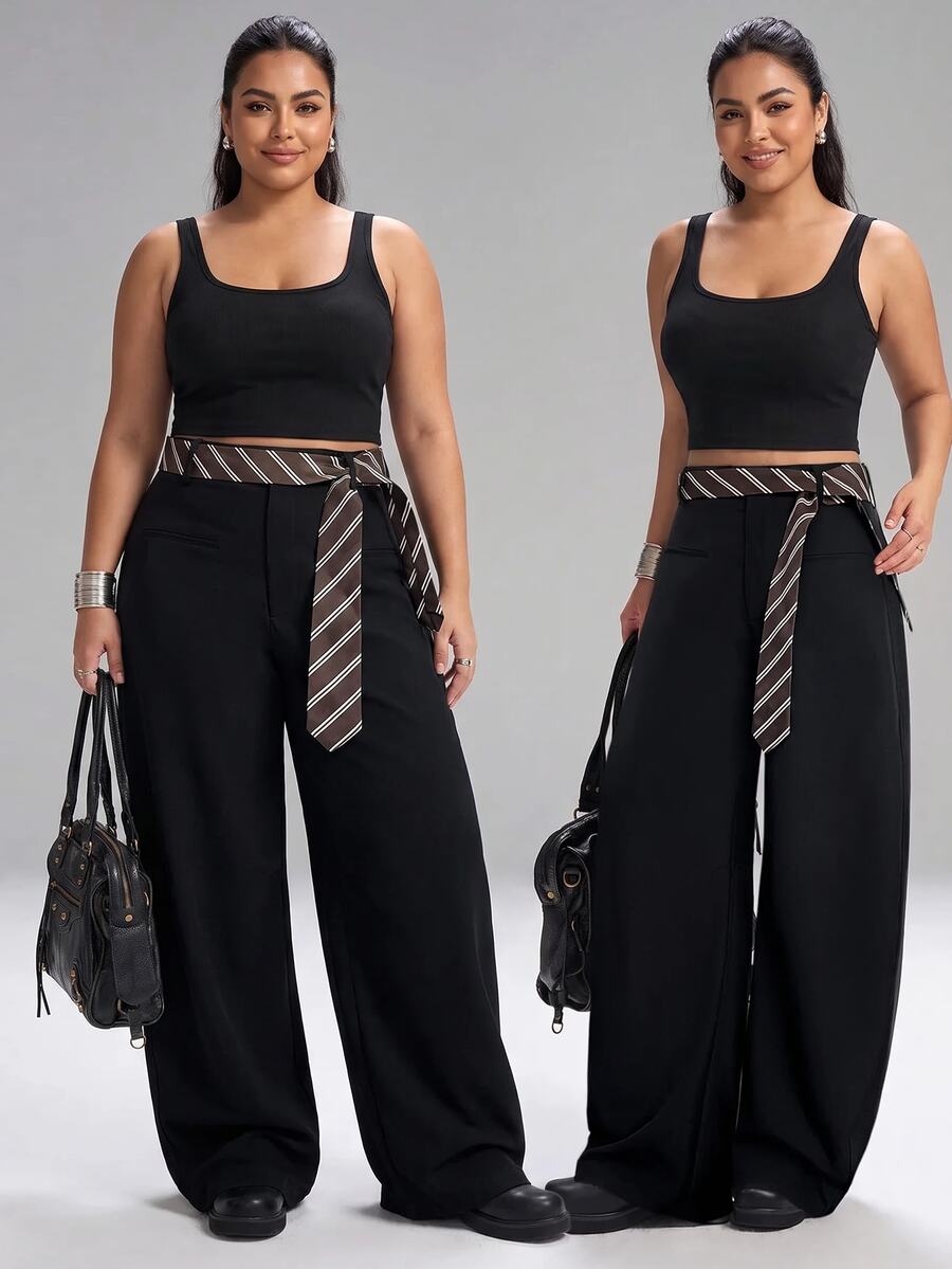 SHEIN Tall CURVE Celana Panjang Wanita Ukuran Plus Motif Blok Warna Kasual Elegan untuk Pemakaian Sehari-hari, Kantor, Formal, Warna Hitam, Musim Gugur - Hitam - View 1