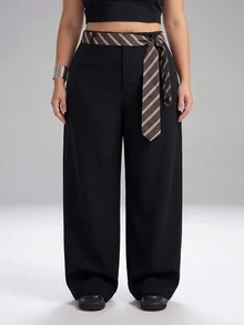 SHEIN Tall CURVE Celana Panjang Wanita Ukuran Plus Motif Blok Warna Kasual Elegan untuk Pemakaian Sehari-hari, Kantor, Formal, Warna Hitam, Musim Gugur - Hitam - View 7