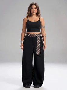 SHEIN Tall CURVE Celana Panjang Wanita Ukuran Plus Motif Blok Warna Kasual Elegan untuk Pemakaian Sehari-hari, Kantor, Formal, Warna Hitam, Musim Gugur - Hitam - View 8