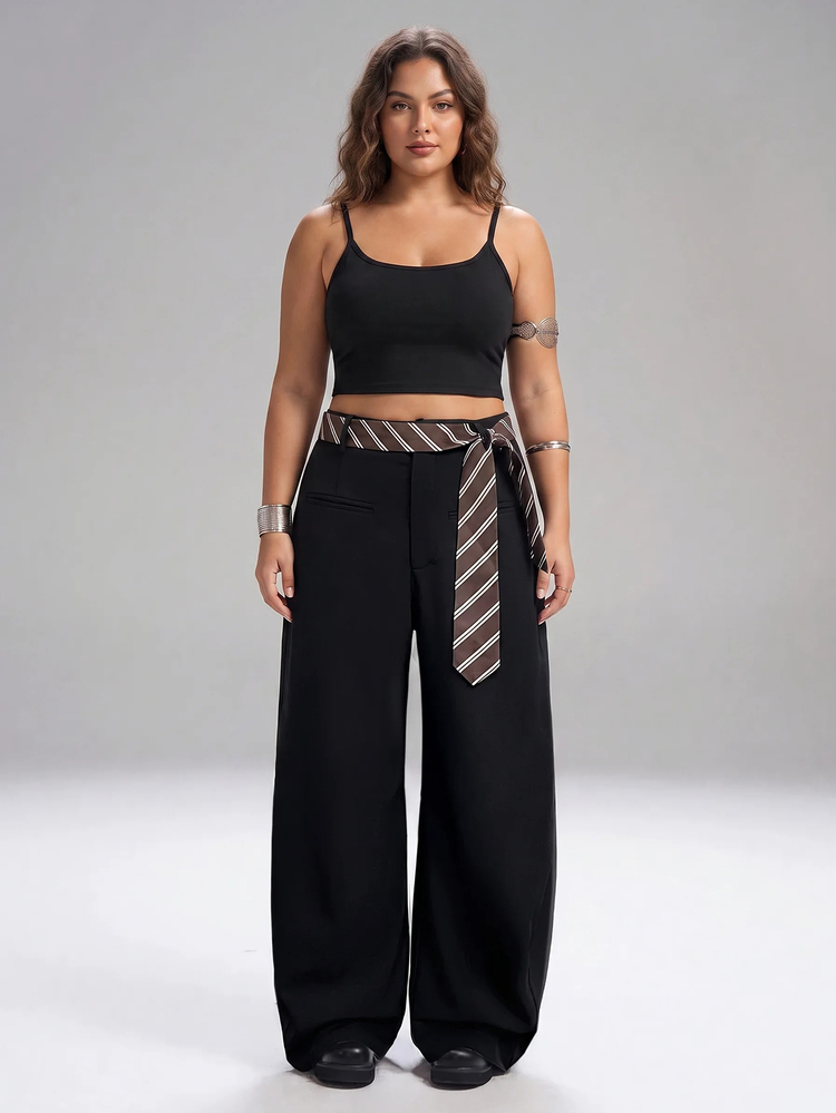 SHEIN Tall CURVE 大尺碼女款拼色休閒優雅日常穿著長褲 辦公正式黑色秋季 - 黑色 - 查看 8