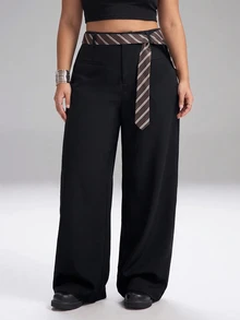 SHEIN Tall CURVE Celana Panjang Wanita Ukuran Plus Motif Blok Warna Kasual Elegan untuk Pemakaian Sehari-hari, Kantor, Formal, Warna Hitam, Musim Gugur - Hitam - View 5