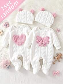 Baby Girls' Fall Autumn Winter Padded White Heart Pattern Long Sleeve Footie Hat Set Embroidered Lightweight Classic Pajamas Soft Cozy Indoor - White - View 2