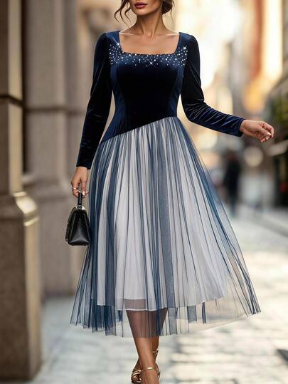 Velvienne Women's Plus Size Navy Blue Swan Velvet Contrast Tulle Long Evening Gown, Knitted Decor Square Neck Heart Neck Long Puff Sleeve Formal Ball Dress, Elegant A-Line Party Dress Beaded Cinched Waist Gathering Formal Dress Holiday Autumn/Winter New Style