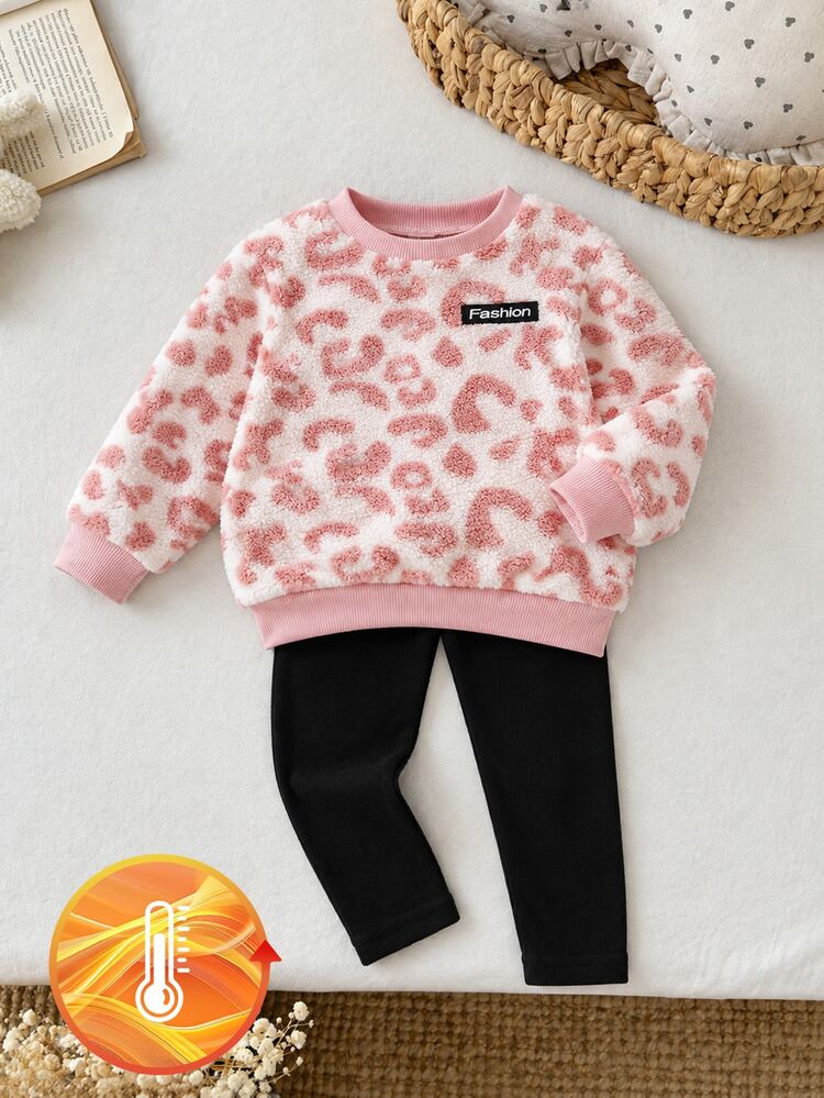 SHEIN Playful Pals 2pcs Toddler Girls Sweatshirt Pants Set Cute Sweet Pink White Leopard Print Fuzzy Plush Long Sleeve Birthday Party Fall Winter Holiday Trim - Pink - View 10