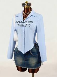 BamGleam Women's Blue White Striped Letter Print Curved Hem Tie Waist Sexy Casual Slim Fit Long Sleeve Shirt - Blue and White - View 2