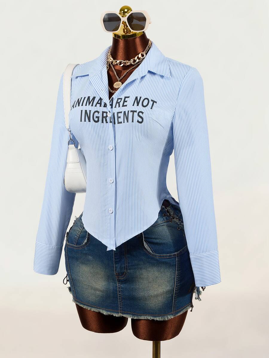 BamGleam Women's Blue White Striped Letter Print Curved Hem Tie Waist Sexy Casual Slim Fit Long Sleeve Shirt