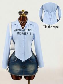 BamGleam Women's Blue White Striped Letter Print Curved Hem Tie Waist Sexy Casual Slim Fit Long Sleeve Shirt - Blue and White - View 4
