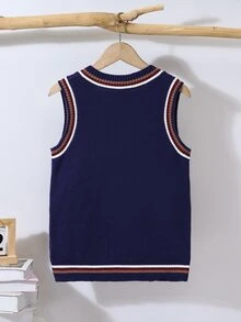 SHEIN 1 buah Baju Rajut Kasual Sehari-hari Nyaman untuk Anak Laki-laki - Pullover Leher Warna Blok Bergaris Kerah Polos Cocok untuk Musim Gugur dan Sekolah di Musim Dingin - Royal Blue - View 5