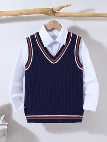 SHEIN 1 buah Baju Rajut Kasual Sehari-hari Nyaman untuk Anak Laki-laki - Pullover Leher Warna Blok Bergaris Kerah Polos Cocok untuk Musim Gugur dan Sekolah di Musim Dingin - Royal Blue - View 4