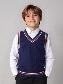 SHEIN 1 buah Baju Rajut Kasual Sehari-hari Nyaman untuk Anak Laki-laki - Pullover Leher Warna Blok Bergaris Kerah Polos Cocok untuk Musim Gugur dan Sekolah di Musim Dingin - Royal Blue - View 3