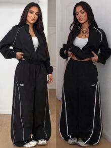 SHEIN PETITE CURVE 大尺碼女款對比色拉鍊長袖上衣與長褲休閒復古寬鬆日常兩件套健身運動黑色秋季 - 黑色 - 查看 7