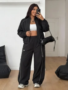 SHEIN PETITE CURVE 大尺碼女款對比色拉鍊長袖上衣與長褲休閒復古寬鬆日常兩件套健身運動黑色秋季 - 黑色 - 查看 3
