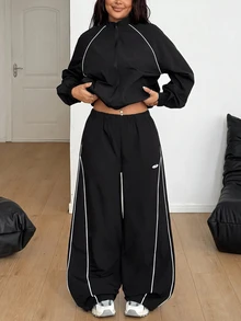 SHEIN PETITE CURVE 大尺碼女款對比色拉鍊長袖上衣與長褲休閒復古寬鬆日常兩件套健身運動黑色秋季 - 黑色 - 查看 2
