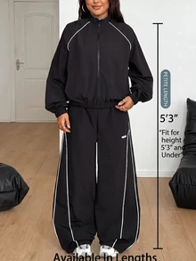 SHEIN PETITE CURVE 大尺碼女款對比色拉鍊長袖上衣與長褲休閒復古寬鬆日常兩件套健身運動黑色秋季 - 黑色 - 查看 6