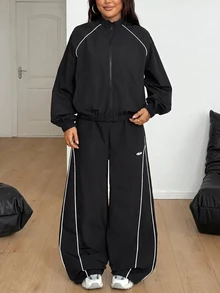 SHEIN PETITE CURVE 大尺碼女款對比色拉鍊長袖上衣與長褲休閒復古寬鬆日常兩件套健身運動黑色秋季 - 黑色 - 查看 9