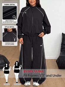 SHEIN PETITE CURVE 大尺碼女款對比色拉鍊長袖上衣與長褲休閒復古寬鬆日常兩件套健身運動黑色秋季 - 黑色 - 查看 10