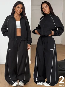 SHEIN PETITE CURVE 大尺碼女款對比色拉鍊長袖上衣與長褲休閒復古寬鬆日常兩件套健身運動黑色秋季 - 黑色 - 查看 5