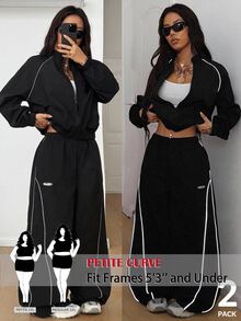 SHEIN PETITE CURVE 大尺碼女款對比色拉鍊長袖上衣與長褲休閒復古寬鬆日常兩件套健身運動黑色秋季 - 黑色 - 查看 1