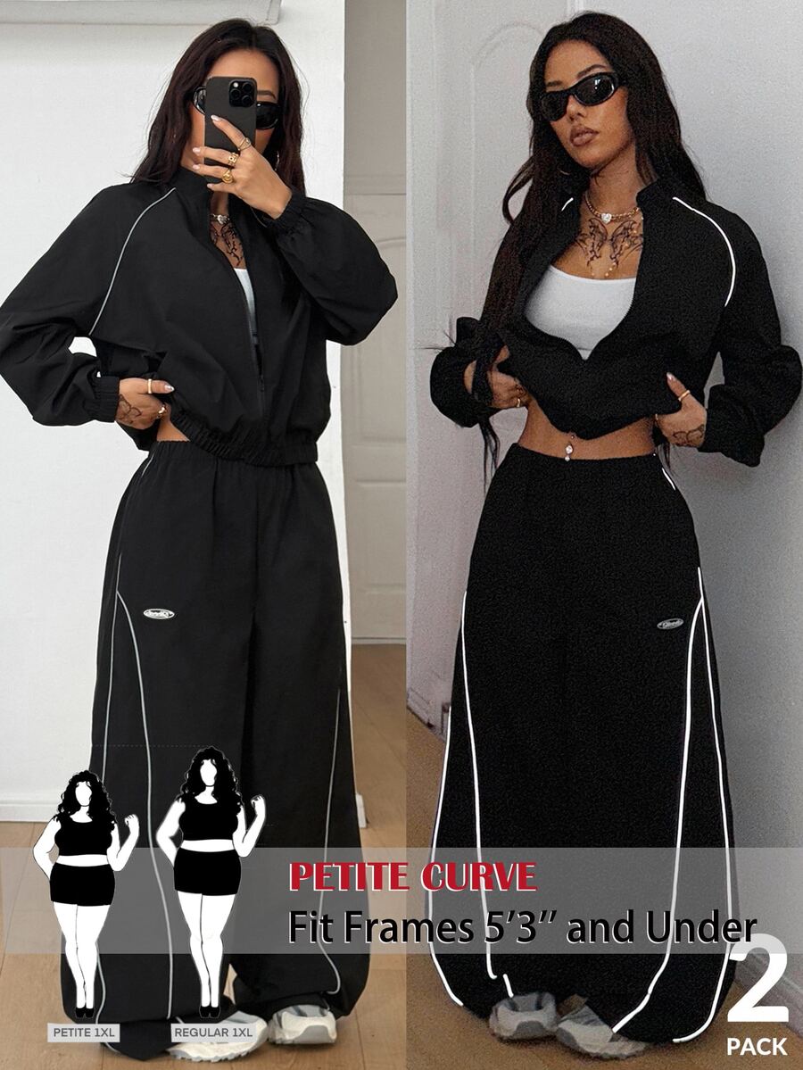 SHEIN PETITE CURVE 大尺碼女款對比色拉鍊長袖上衣與長褲休閒復古寬鬆日常兩件套健身運動黑色秋季 - 黑色 - 查看 1