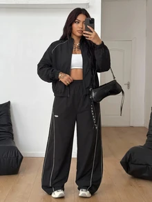 SHEIN PETITE CURVE 大尺碼女款對比色拉鍊長袖上衣與長褲休閒復古寬鬆日常兩件套健身運動黑色秋季 - 黑色 - 查看 4